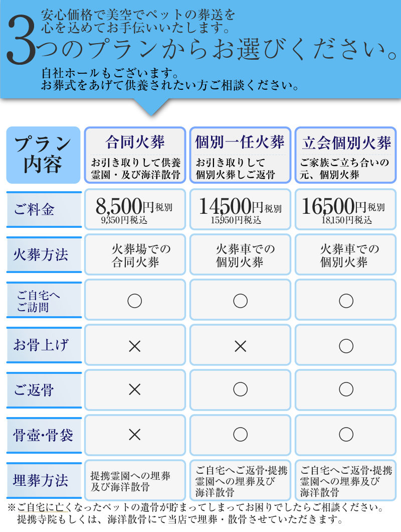 ペットセレモニー美空選べる三つのプラン